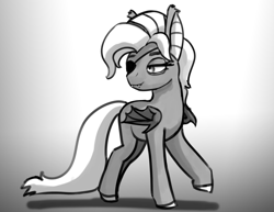 Size: 1650x1275 | Tagged: safe, artist:warskunk, imported from derpibooru, oc, oc only, oc:icy mint, bat pony, pony, eyepatch, fangs, female, gradient background, grayscale, lidded eyes, mare, monochrome, sleepy, solo