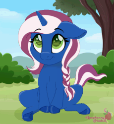 Size: 2517x2733 | Tagged: safe, artist:raspberrystudios, imported from derpibooru, oc, oc only, unicorn, animated, blinking, bush, chibi, commission, cute, floppy ears, grass, high res, horn, multicolored mane, scenery, sitting, tail wag, tree, unicorn oc, ych example, ych result, your character here