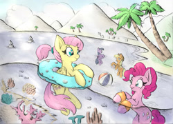 Size: 1400x1006 | Tagged: safe, artist:nedemai, imported from derpibooru, applejack, fluttershy, pinkie pie, twilight sparkle, alicorn, fish, atg 2021, ball, beach, beach ball, inflatable toy, newbie artist training grounds, palm tree, ponytail, summer, tree, twilight sparkle (alicorn), water