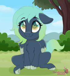 Size: 2517x2733 | Tagged: safe, artist:raspberrystudios, imported from derpibooru, oc, oc only, pegasus, animated, blinking, bush, chest fluff, chibi, commission, cute, female, floppy ears, gradient mane, grass, high res, mare, pegasus oc, scenery, sitting, tree, unshorn fetlocks, wings, ych example, ych result, your character here
