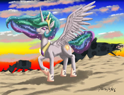 Size: 1024x787 | Tagged: safe, artist:edhelistar, imported from derpibooru, princess celestia, alicorn, pony, at-at, cloud, cloudy, desert, destroyed, ethereal mane, female, hoof shoes, jakku, jewelry, looking at you, peytral, raised hoof, regalia, signature, solo, spaceship, spread wings, star destroyer, star wars, star wars: the force awakens, starry mane, sunset, tengwar, tiara, windswept mane, wings