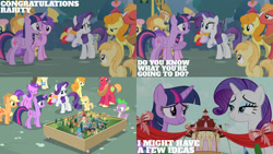 Size: 1280x720 | Tagged: safe, edit, edited screencap, editor:quoterific, imported from derpibooru, screencap, ace point, alula, amethyst star, applejack, big macintosh, carrot top, fluttershy, golden harvest, noi, pluto, rarity, sparkler, spike, twilight sparkle, alicorn, dragon, earth pony, pegasus, pony, unicorn, season 4, simple ways, applejack's hat, cowboy hat, eyes closed, female, filly, hat, male, mare, offscreen character, open mouth, smiling, stallion, sweat, town hall, twilight sparkle (alicorn)