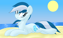 Size: 1500x900 | Tagged: safe, artist:notadeliciouspotato, imported from derpibooru, oc, oc only, oc:serene dive, earth pony, pony, atg 2021, beach, female, lying down, mare, newbie artist training grounds, prone, smiling, solo, sun