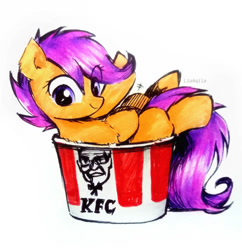 Size: 880x908 | Tagged: safe, artist:liaaqila, imported from derpibooru, scootaloo, pegasus, pony, better source needed, bucket, bucket of chicken, colonel sanders, cute, cutealoo, kfc, scootachicken, silly, silly pony, simple background, white background