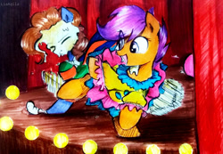 Size: 1075x744 | Tagged: safe, artist:liaaqila, imported from derpibooru, scootaloo, oc, oc:silly scribe, earth pony, pegasus, pony, clothes, clown, costume, cute, duo, earth pony oc, food, fun, pie, pied, show, stage