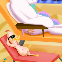 Size: 2000x2000 | Tagged: safe, artist:darksly, imported from derpibooru, philomena, princess celestia, alicorn, bird, phoenix, atg 2021, beach, beach chair, chair, crossed legs, female, high res, mare, newbie artist training grounds, sitting, sunglasses