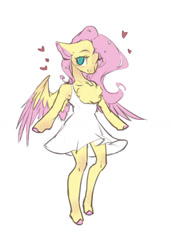 Size: 950x1388 | Tagged: safe, artist:makkah, imported from derpibooru, fluttershy, anthro, pegasus, semi-anthro, unguligrade anthro, arm hooves, chest fluff, clothes, cute, dress, excessive chest fluff, female, floating heart, floppy ears, heart, mare, one eye closed, shyabetes, simple background, white background, wink