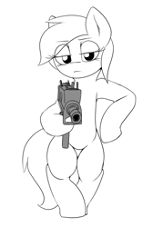 Size: 545x813 | Tagged: safe, artist:lyrabop, imported from derpibooru, oc, oc only, pony, female, gun, mac-10, mare, monochrome, simple background, solo, weapon, white background