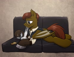 Size: 3907x3000 | Tagged: safe, artist:selenophile, imported from derpibooru, oc, oc only, oc:bass amperage, bat pony, pony, bong, clothes, couch, drug use, drugs, glasses, gloves, high res, lighter, lying down, male, marijuana, prone, shirt, solo, vest