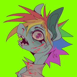 Size: 500x500 | Tagged: safe, artist:kat, imported from derpibooru, rainbow dash, pony, fanfic:rainbow factory, blood, fanfic art, open mouth, shark teeth, sharp teeth, solo, teeth