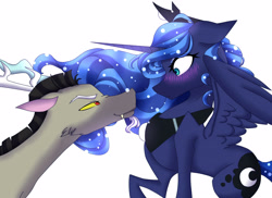 Size: 3656x2665 | Tagged: safe, artist:galaxynight100, imported from derpibooru, discord, princess luna, alicorn, draconequus, pony, blushing, female, high res, looking at each other, lunacord, male, mare, shipping, simple background, straight, white background