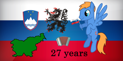 Size: 1500x750 | Tagged: safe, artist:fizzy-dog, artist:rozyfly10, imported from derpibooru, oc, oc only, oc:rozyfly, pegasus, pony, coat of arms, flag, male, slovenia, smiling, solo, stallion