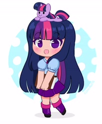 Size: 3366x4096 | Tagged: safe, artist:kittyrosie, imported from derpibooru, twilight sparkle, pony, equestria girls, :d, abstract background, blushing, book, chibi, cute, eye clipping through hair, eyebrows, eyebrows visible through hair, female, high res, human coloration, human ponidox, looking at you, lying down, mare, no nose, no pupils, on head, open mouth, open smile, pony hat, prone, riding, self paradox, self ponidox, self riding, sitting on head, smiling, smiling at you, tiny, tiny ponies, twiabetes