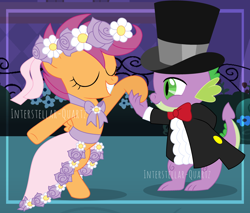 Size: 3176x2710 | Tagged: safe, artist:interstellar-quartz, imported from derpibooru, scootaloo, spike, pony, a canterlot wedding, bridesmaid dress, clothes, dancing, dress, female, flower filly, flower girl, flower girl dress, hat, high res, male, marriage, scootaspike, shipping, straight, suit, top hat, tuxedo, wedding