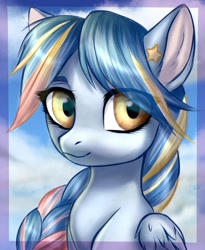 Size: 705x859 | Tagged: safe, artist:megabait, imported from derpibooru, oc, oc only, oc:river chime, oc:seashore swirl, pegasus, pony, braid, bust, portrait, solo, stars