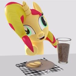 Size: 4000x4000 | Tagged: safe, artist:wissle, imported from derpibooru, sunset shimmer, pony, unicorn, 3d, absurd resolution, atg 2021, blender, chocolate, chocolate milk, cookie, exploitable meme, faic, female, food, happy, mare, meme, milk, napkin, newbie artist training grounds, open mouth, plate, pure unfiltered evil, simple background, smiling, solo, this will end in spilled milk