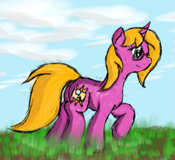 Size: 1177x1080 | Tagged: safe, artist:bryastar, imported from derpibooru, oc, oc only, oc:bright star, pony, unicorn, cloud, female, glasses, grass, raised hoof, side view, sky