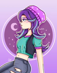 Size: 1200x1538 | Tagged: safe, artist:jinglebelle, artist:jinnglebelle, imported from derpibooru, starlight glimmer, human, abstract background, beanie, clothes, equestria girls outfit, female, freckles, hat, humanized, light skin, midriff, pants, smiling, solo, torn clothes