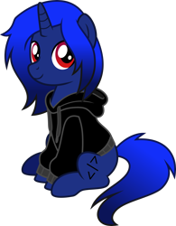 Size: 2729x3500 | Tagged: safe, artist:limedazzle, imported from derpibooru, oc, oc only, oc:xeno (iraven), pony, unicorn, clothes, high res, hoodie, horn, simple background, sitting, solo, transparent background, vector