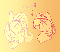 Size: 1221x1053 | Tagged: safe, artist:prettyponyblog, imported from derpibooru, big macintosh, fluttershy, earth pony, pegasus, bust, female, fluttermac, gradient background, heart, male, mare, music notes, shipping, singing, sketch, stallion, straight