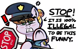 Size: 2048x1296 | Tagged: safe, artist:ashtoneer, imported from derpibooru, copper top, earth pony, pony, cross-popping veins, exclamation point, eye clipping through hair, female, mare, police, police officer, simple background, solo, stop, stop sign, underhoof, white background