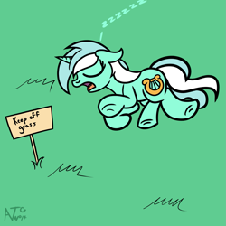 Size: 1999x1999 | Tagged: safe, artist:dafiltafish, imported from derpibooru, lyra heartstrings, pony, unicorn, atg 2021, female, first world anarchist, keep off the grass, l.u.l.s., mare, newbie artist training grounds, onomatopoeia, open mouth, overhead view, sleeping, sound effects, zzz