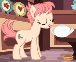 Size: 1070x882 | Tagged: safe, imported from derpibooru, screencap, raspberry vinaigrette, earth pony, pony, discordant harmony, cropped, eyes closed, female, mare, open mouth, raised tail, solo, tail, teapot