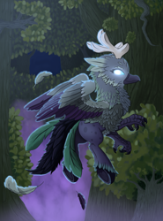 Size: 1026x1384 | Tagged: safe, artist:crimsonfef, imported from derpibooru, imported from ponybooru, oc, oc only, hippogriff, feather, fluffy, flying, forest, glowing eyes, looking at you, smiling, smirk, solo, spread wings, tree, underhoof, unshorn fetlocks, warcraft, wing fluff, wings, world of warcraft