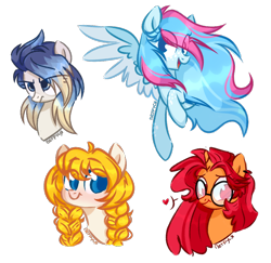 Size: 888x864 | Tagged: safe, artist:petruse4ka, imported from derpibooru, oc, oc only, earth pony, pegasus, pony, unicorn, braid, earth pony oc, eye clipping through hair, glasses, heart, horn, pegasus oc, simple background, smiling, transparent background, two toned wings, unicorn oc, wings