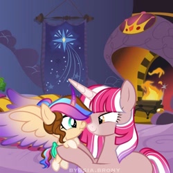 Size: 1000x1000 | Tagged: safe, artist:sia.brony, imported from derpibooru, oc, oc only, oc:sia, alicorn, pony, unicorn, alicorn oc, baby, baby pony, curved horn, duo, eyelashes, female, filly, fireplace, holding a pony, horn, indoors, mare, smiling, unicorn oc, wings