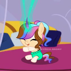 Size: 1000x1000 | Tagged: safe, artist:sia.brony, imported from derpibooru, oc, oc only, oc:sia, alicorn, pony, unicorn, baby, baby pony, eyes closed, female, filly, glowing horn, horn, indoors, pillow, sitting, smiling, solo, unicorn oc