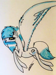 Size: 1232x1664 | Tagged: safe, artist:beamybutt, imported from derpibooru, oc, oc only, pegasus, pony, eyelashes, flying, pegasus oc, signature, solo, traditional art, wings