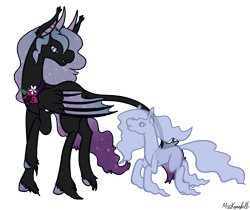 Size: 1274x1068 | Tagged: safe, artist:misskanabelle, imported from derpibooru, oc, oc only, oc:persephoneia, bat pony, ghost, ghost pony, pony, undead, bat pony oc, bat wings, duo, ethereal mane, female, hoof fluff, looking back, mare, raised hoof, signature, simple background, starry mane, transparent background, unshorn fetlocks, wings