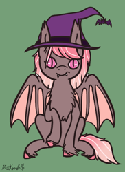 Size: 1006x1383 | Tagged: safe, artist:misskanabelle, imported from derpibooru, oc, oc only, bat pony, pony, bat pony oc, bat wings, chest fluff, female, green background, hat, hoof fluff, mare, raised hoof, signature, simple background, slit eyes, slit pupils, solo, spread wings, wings, witch hat