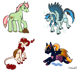 Size: 1566x1420 | Tagged: safe, artist:misskanabelle, imported from derpibooru, oc, oc only, oc:maple melt, oc:nellie fly, oc:sunlit silk, oc:wolf river, earth pony, kirin, pegasus, pony, adopted offspring, clothes, earth pony oc, female, glasses, hoof fluff, kirin oc, magical lesbian spawn, mare, offspring, parent:big macintosh, parent:daring do, parent:fluttershy, parent:photo finish, parent:pokey pierce, parent:rainbow dash, parents:daringdash, parents:fluttermac, parents:photopierce, pegasus oc, signature, simple background, transparent background, two toned wings, wings