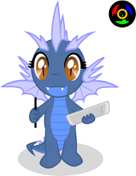 Size: 1495x1937 | Tagged: safe, artist:kyoshyu, imported from derpibooru, oc, oc only, oc:emmy, dragon, female, simple background, solo, tablet, transparent background