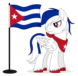 Size: 3672x3600 | Tagged: safe, artist:rioshi, artist:starshade, imported from derpibooru, oc, oc only, oc:cubano, pegasus, pony, 2021, bandana, base used, commission, cuba, cute, flag, flag cuba, flag pole, high res, male, nation ponies, ponified, red eyes, simple background, solo, stallion, white background, white body, ych result, your character here