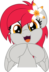 Size: 3430x5000 | Tagged: safe, artist:jhayarr23, imported from derpibooru, oc, oc only, oc:tiny jasmini, pegasus, pony, :3, absurd resolution, alternate hairstyle, commission, cute, daaaaaaaaaaaw, diabetes, eyelashes, female, flower, flower in hair, goody greeting meme, high res, hooves together, looking at you, mare, micro, nya, ocbetes, open mouth, open smile, pegasus oc, simple background, smiling, smiling at you, smol, solo, starry eyes, tiny, tiny ponies, tinyjabetes, white background, wingding eyes, wings, ych result