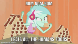 Size: 500x281 | Tagged: safe, edit, edited screencap, imported from derpibooru, screencap, lyra heartstrings, all's fair in love and friendship games, equestria girls, friendship games, animated, cartoon physics, eating, female, food, gif, hammerspace, hammerspace belly, hot dog, lyra scarfing down weiners, meat, meme, sausage, slim, solo, text, thin