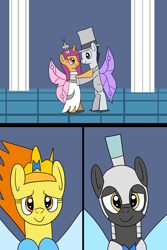 Size: 1024x1536 | Tagged: safe, artist:platinumdrop, imported from derpibooru, rumble, scootaloo, spitfire, thunderlane, fairy, alternate hairstyle, armor, clothes, comic, dancing, dress, fairy wings, female, hat, male, request, rumbloo, shipping, straight, top hat, tuxedo, wings
