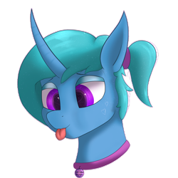 Size: 2000x2000 | Tagged: safe, artist:lightnys, imported from derpibooru, oc, oc only, oc:lightning star, pony, unicorn, :p, bust, collar, colored pupils, curved horn, eyeshadow, heart eyes, high res, horn, makeup, male, ponytail, portrait, simple background, smiling, solo, solo male, tongue out, transparent background, wingding eyes