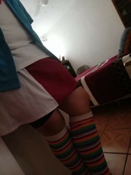 Size: 648x864 | Tagged: safe, imported from derpibooru, photographer:mr.sparkle, rainbow dash, human, equestria girls, bike shorts, clothes, cosplay, costume, crossdressing, crossplay, irl, irl human, legs, photo, pictures of legs, rainbow socks, skirt, socks, solo, standing, striped socks