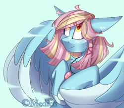 Size: 2615x2293 | Tagged: safe, artist:mediasmile666, imported from derpibooru, oc, oc only, oc:katty daylight, pegasus, pony, bust, female, flying, freckles, hairpin, high res, jewelry, mare, not windy whistles, pendant, sky, two toned wings, wings