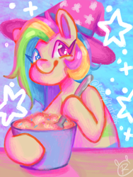Size: 600x800 | Tagged: safe, artist:rosesycreations, imported from derpibooru, oc, oc only, oc:funfetti icing, pony, baking, bipedal, nonbinary, smiling, solo