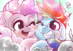 Size: 2048x1430 | Tagged: safe, artist:kurogewapony, imported from derpibooru, pinkie pie, rainbow dash, earth pony, pegasus, pony, blushing, cloud, cute, dashabetes, diapinkes, happy, looking at each other, one eye closed, open mouth, smiling