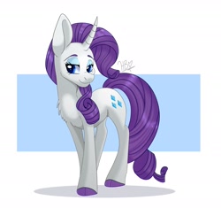 Size: 2382x2235 | Tagged: safe, artist:heartbeat420, artist:purpleheart002, imported from derpibooru, rarity, pony, unicorn, chest fluff, cloven hooves, colored hooves, female, high res, lidded eyes, looking at you, mare, purple hooves, simple background, smiling, solo, white background