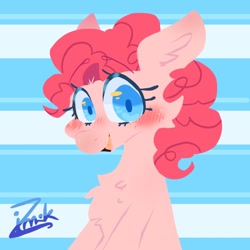Size: 768x768 | Tagged: safe, artist:zimikuvart, imported from derpibooru, pinkie pie, earth pony, pony, smiling, solo, striped background