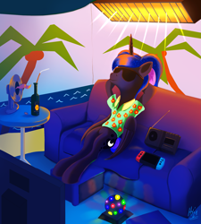 Size: 1803x2006 | Tagged: safe, artist:jphyperx, imported from derpibooru, princess luna, alicorn, semi-anthro, between dark and dawn, beach, chillaxing, clothes, couch, disco ball, fan, female, footrest, hawaiian shirt, nintendo switch, ottoman (furniture), palm tree, radio, shirt, solo, sunbathing, sunglasses, television, tree