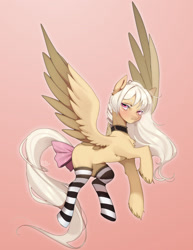 Size: 1600x2074 | Tagged: safe, artist:emily-826, imported from derpibooru, oc, oc only, oc:linh, pegasus, pony, bow, clothes, female, mare, socks, solo, striped socks, tail bow, two toned wings, wings