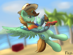 Size: 4000x3000 | Tagged: safe, artist:flapstune, imported from derpibooru, oc, oc:glow speed, alicorn, pony, alicorn oc, augmented, beach, cutie mark, cyber legs, cybernetic eyes, ear fluff, fluffy, gun, horn, male, mane, ocean, overwatch, palm tree, signature, stallion, tail, tree, weapon, wings